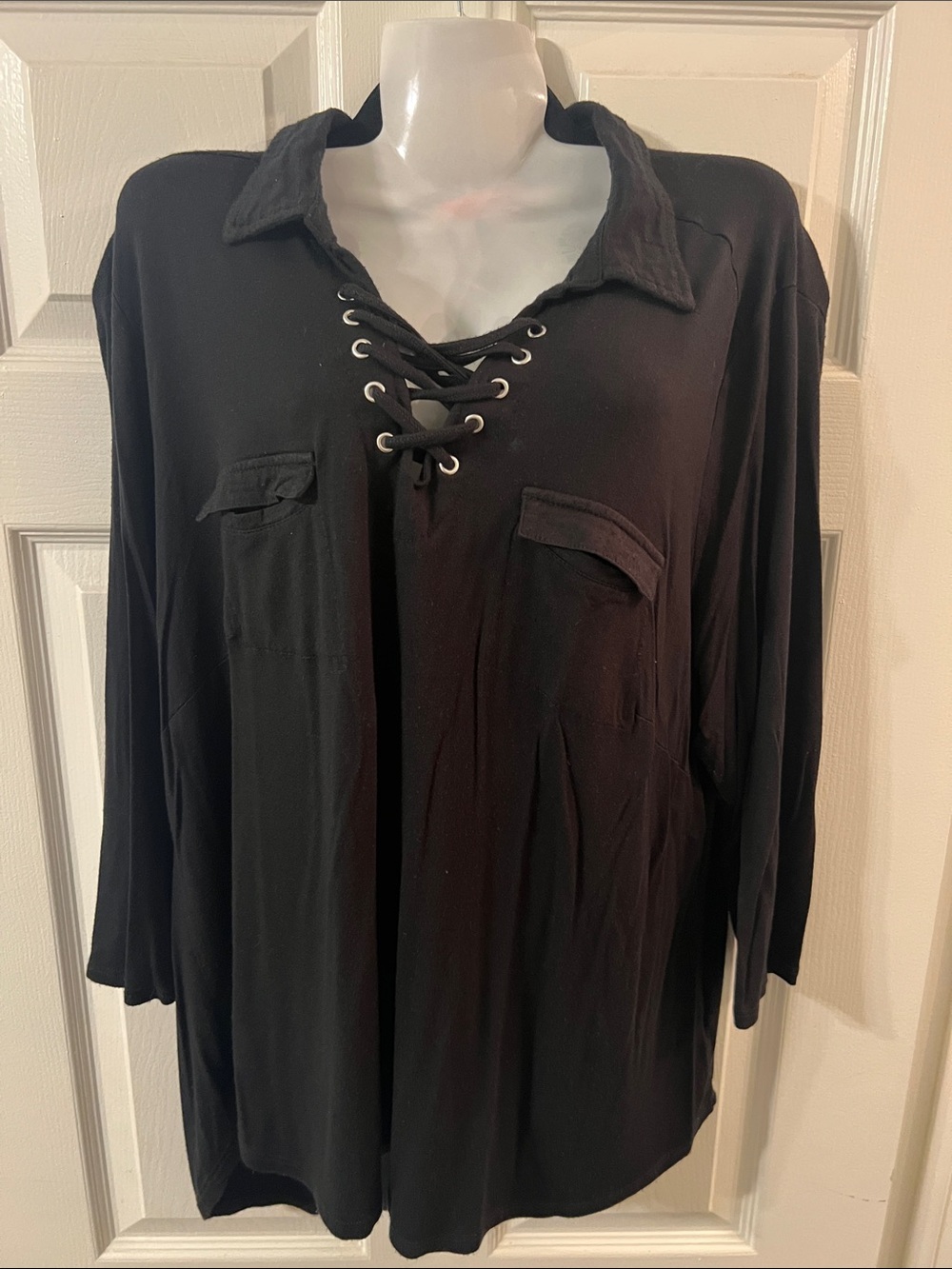 Women's Black Lace-Up Collared Tunic Top